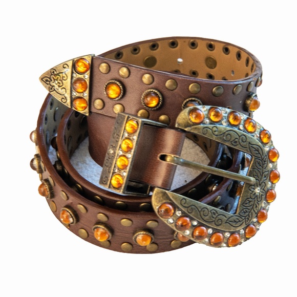 Western Amber and Gem Studded Belt with Big Buckle - Picture 2 of 12